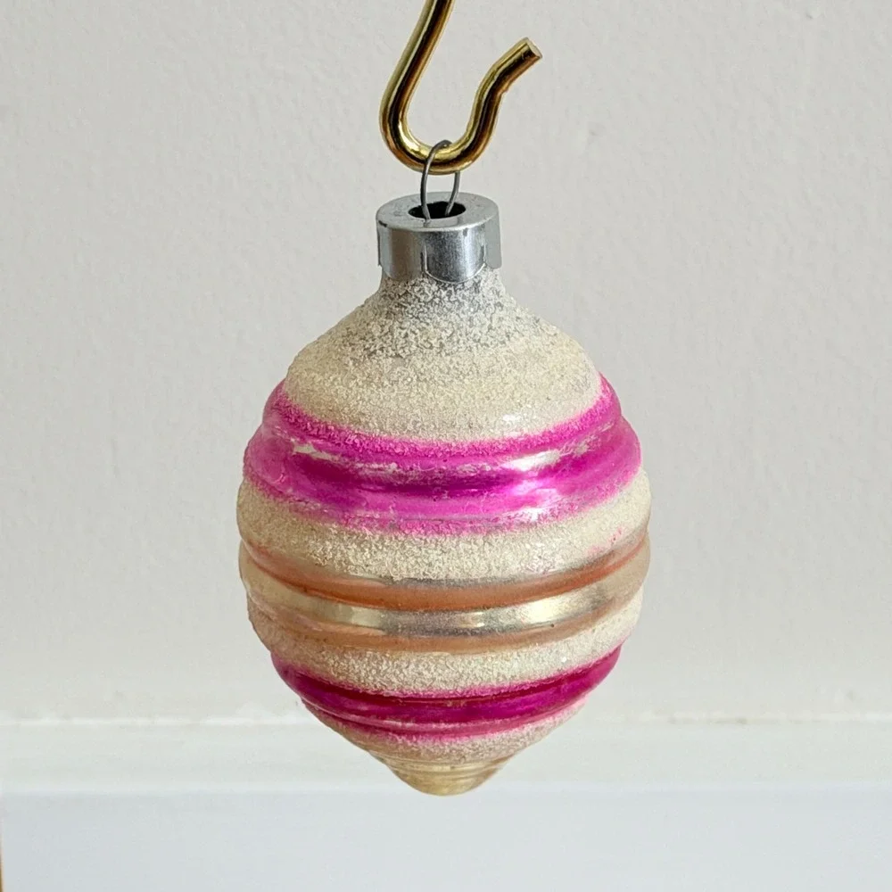 George Franke Pair Christmas Ornaments Beehive Pink Striped Mica USA MCM 1950's